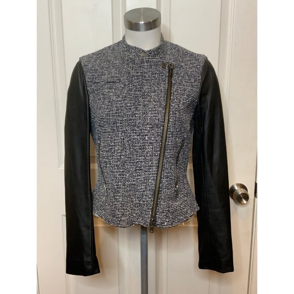 Theory Jackets & Blazers - Theory Black & White Tweed Zip-Up Moto Jacket Lamb Leather Sleeves, Size 6